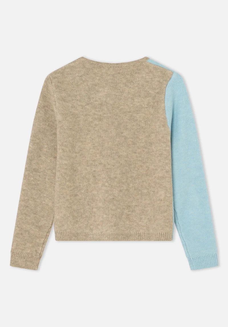 Blue Biscuit Cardigan by Dr Bloom, sky blue and beige colour-block knit cardigan with ruffle button front and orange neckline trim