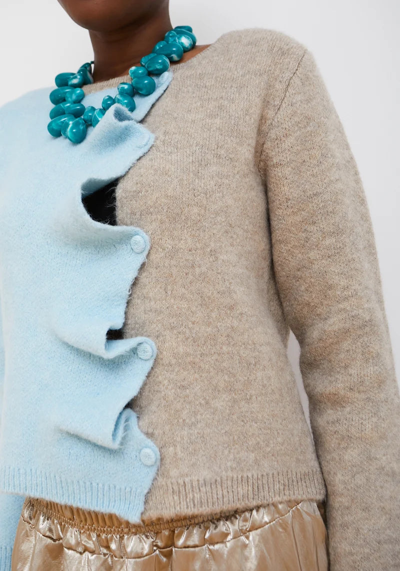 Blue Biscuit Cardigan by Dr Bloom, sky blue and beige colour-block knit cardigan with ruffle button front and orange neckline trim