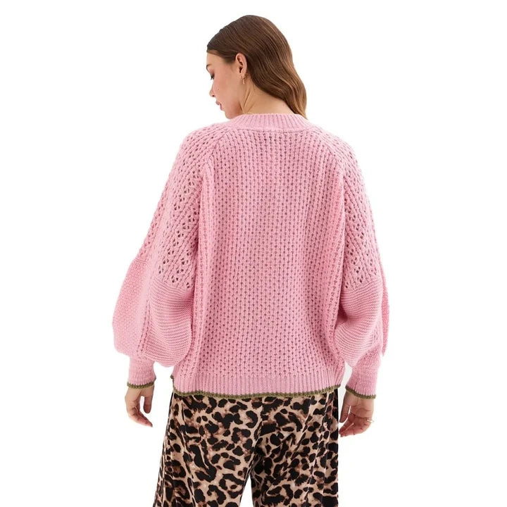 Brigit balloon sleeve cardigan styled with jeans and a white tee