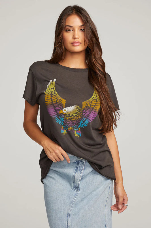 Seize the spirit of freedom with the Rainbow Eagle women's short-sleeved t-shirt in vintage black. Crafted to take comfort and style to the next level, this Chaser Brand tee colorfully showcases strength, empowerment, and resilience with the majestic graphic image of an eagle.