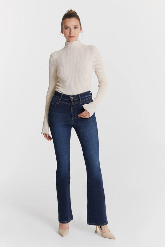 Dark denim, Shapely, 5-pocket, flared Matilda jeans by CoJ denim ~ designed to hug curves for a slenderizing and confident fit that pairs perfectly with any ensemble! Super-stretchy denim. lemon cyprus boutique