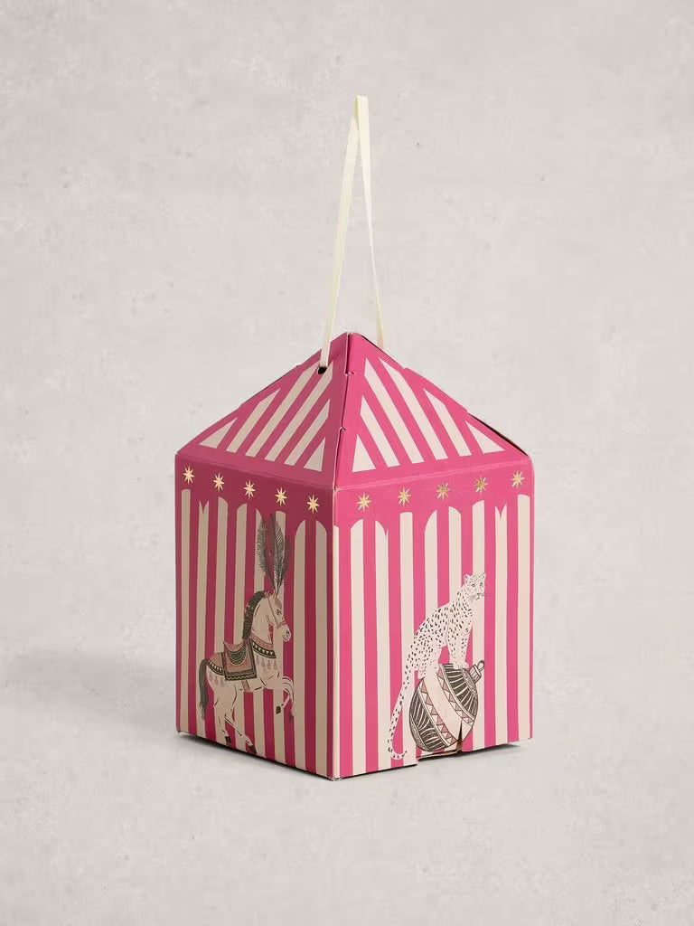 Pink and white striped toy tent with animal illustrations on a light gray background