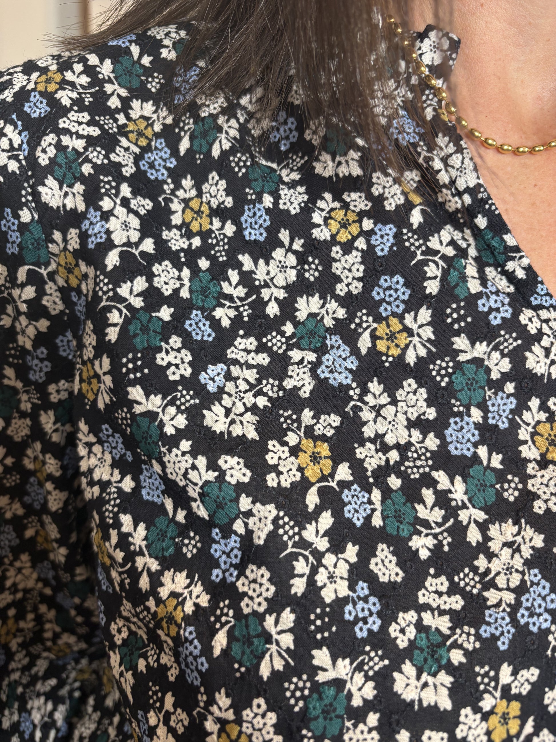 Close-up of a floral patterned garment with a black background