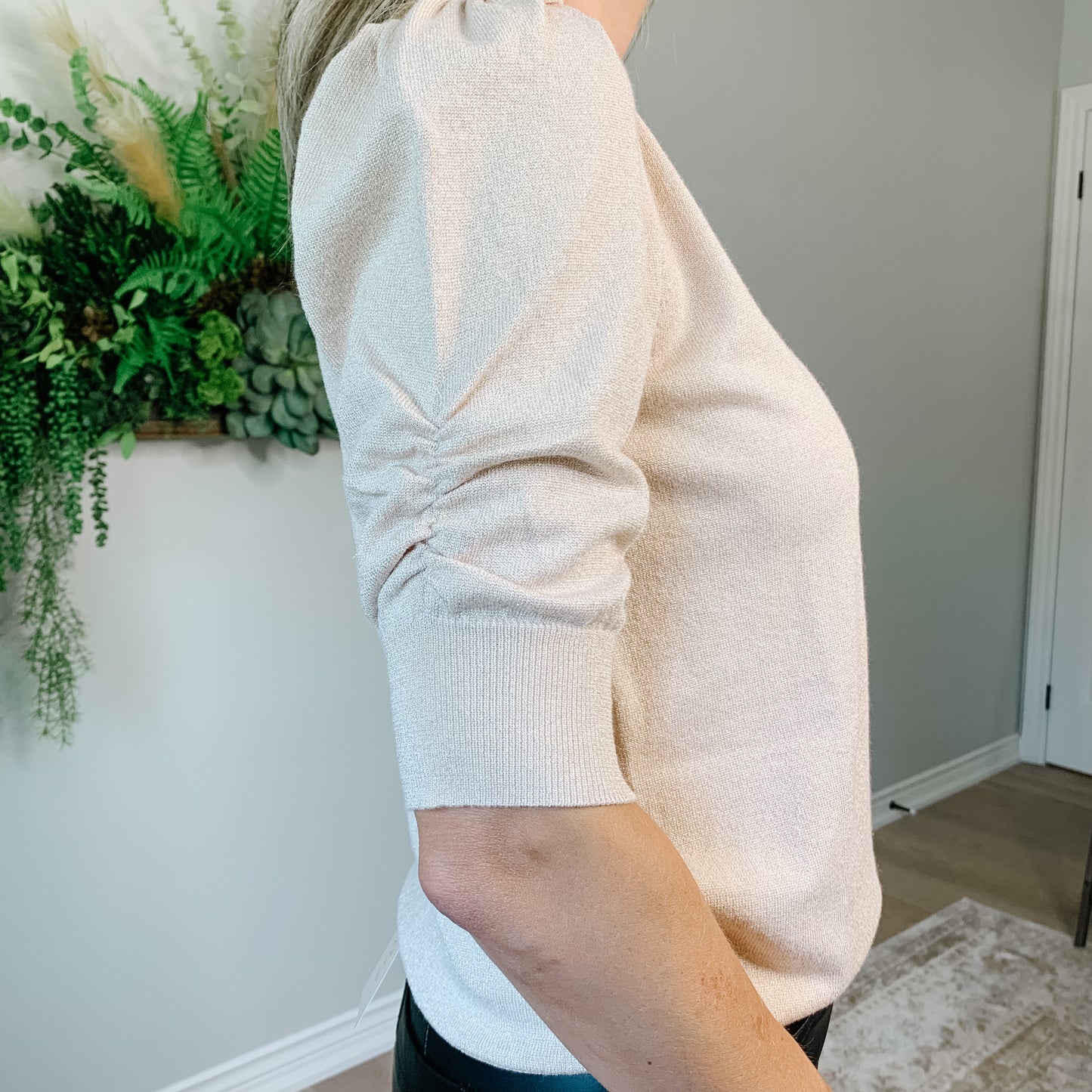 esqualo ivory Short Puff Sleeve Sweater! Soft knit keeps you cozy, while a sprinkle of gold lurex ensures you shimmer in just the right way. lemon cyprus boutique