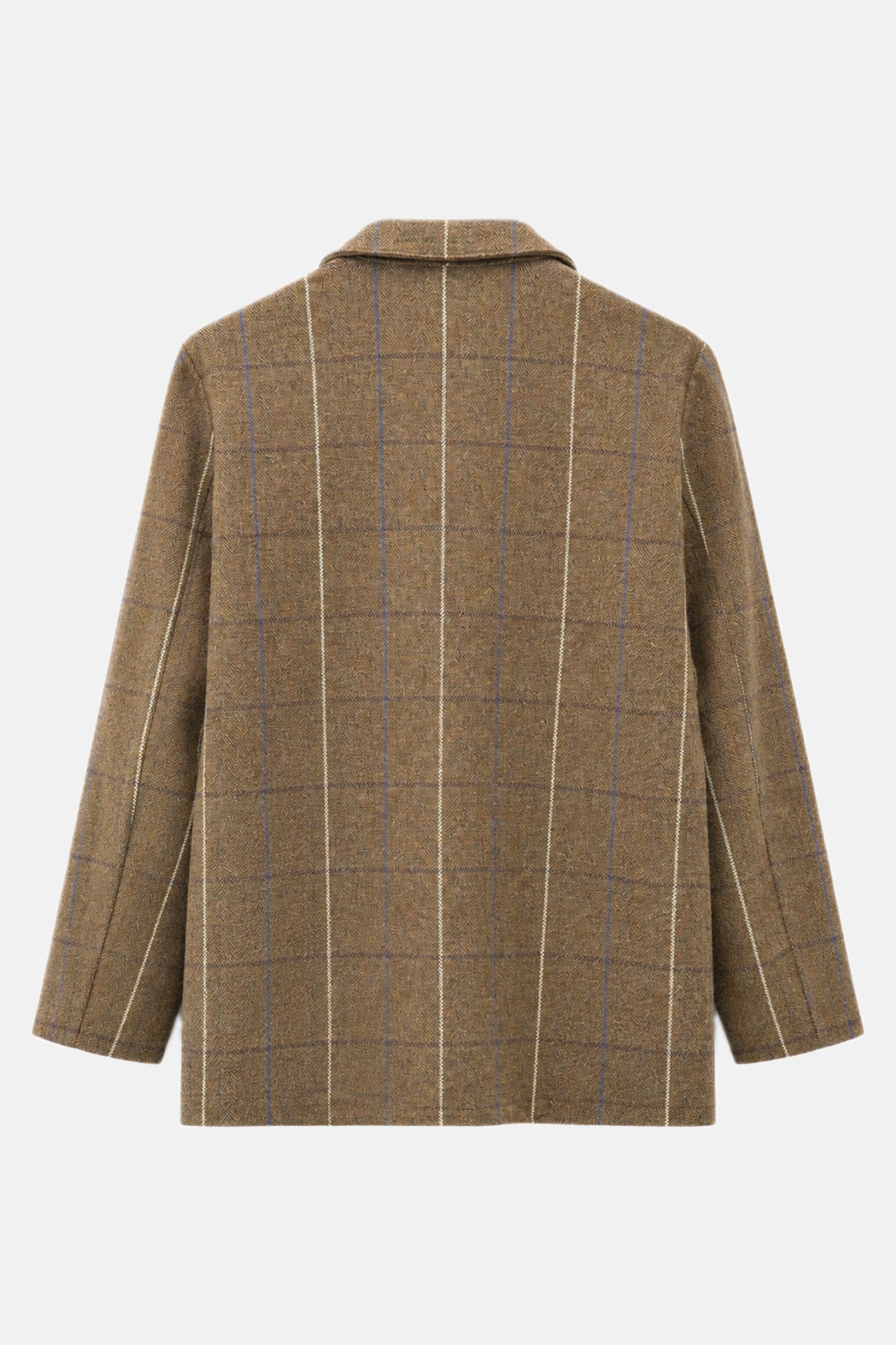A brown wool blazer with a windowpane check pattern in beige and blue, shown from the back on a light gray background.