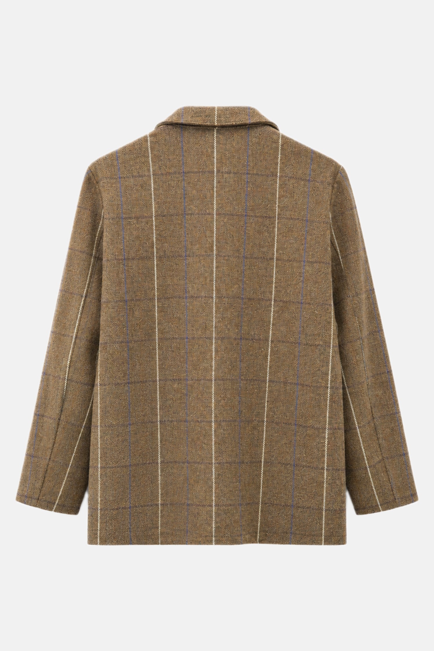 A brown wool blazer with a windowpane check pattern in beige and blue, shown from the back on a light gray background.