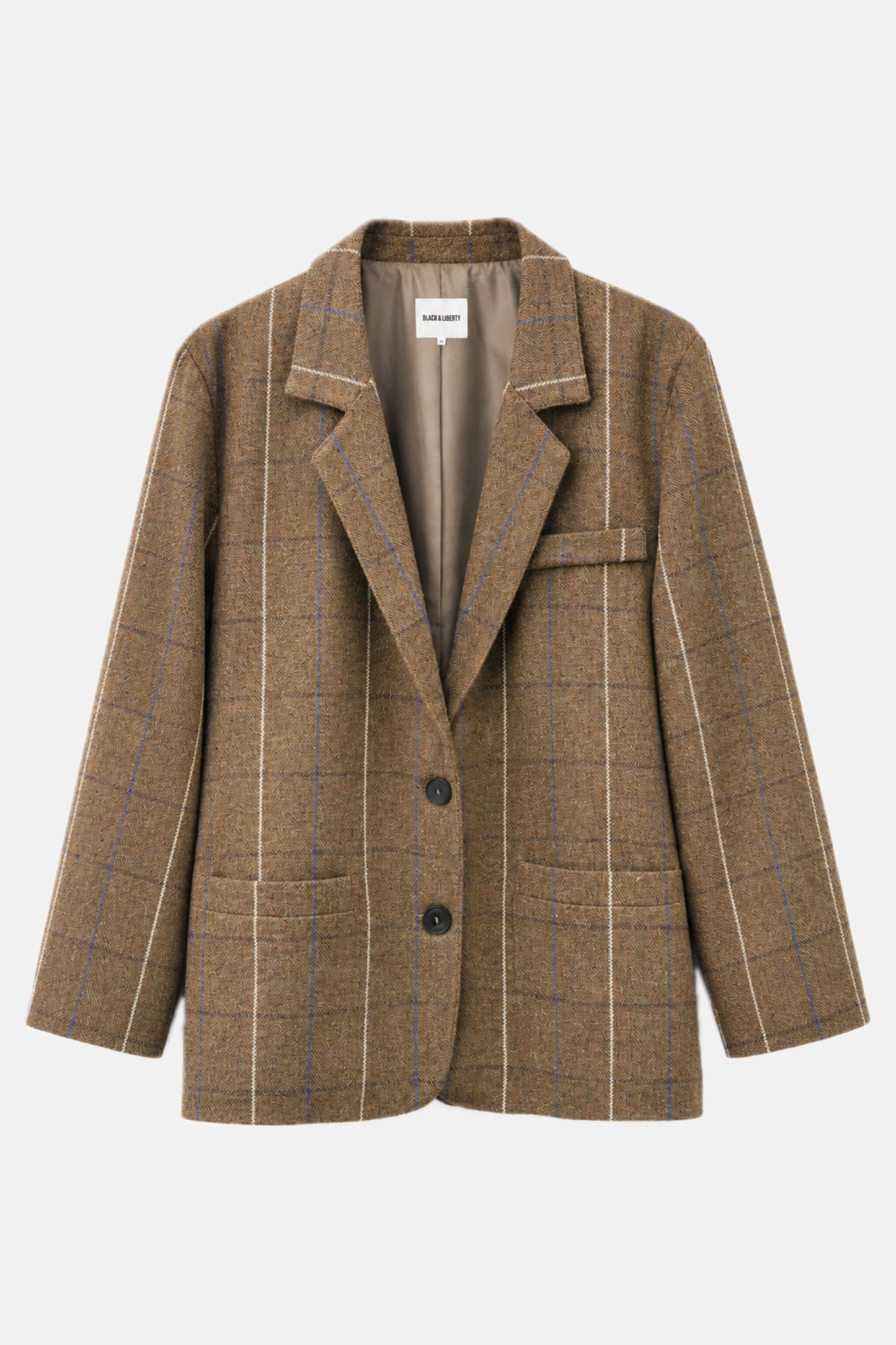 A brown tweed blazer with a subtle windowpane plaid pattern, featuring notch lapels, two front buttons, and flap pockets, shown against a light gray background.
