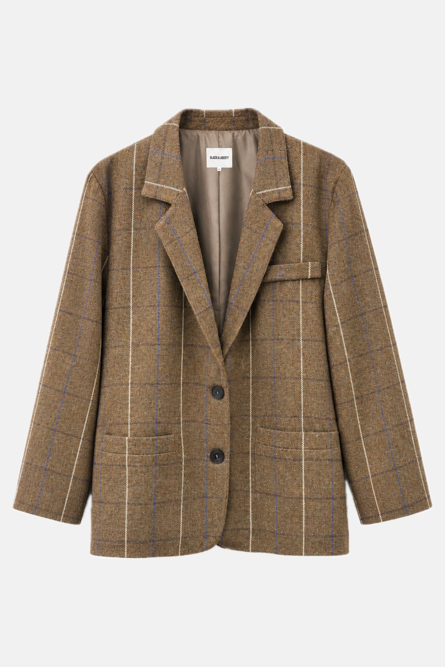 A brown tweed blazer with a subtle windowpane plaid pattern, featuring notch lapels, two front buttons, and flap pockets, shown against a light gray background.