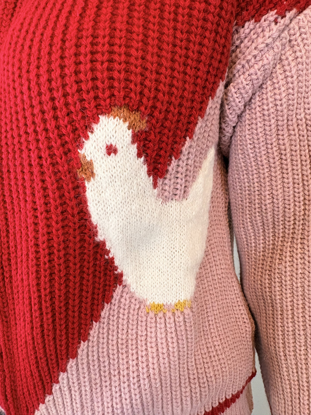 Woman wearing pink and red colour-block Farm Cardigan by Dr Bloom with playful chicken knit detail, front view