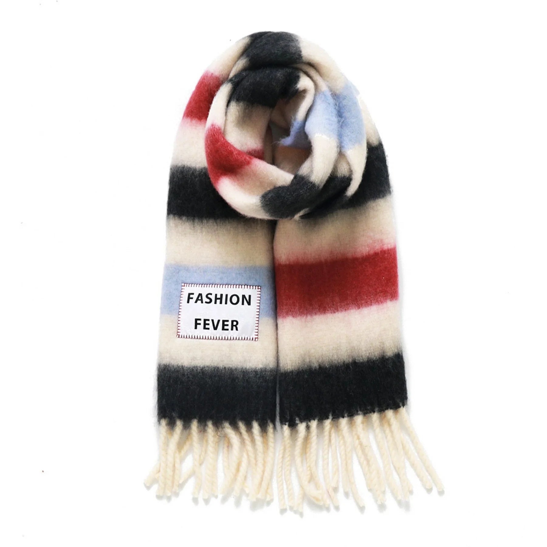 Striped scarf with 'Fashion Fever' label on a white background