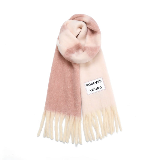 Pink and beige scarf with a 'Forever Young' tag on a white background