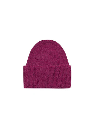 Purple knit beanie on a white background