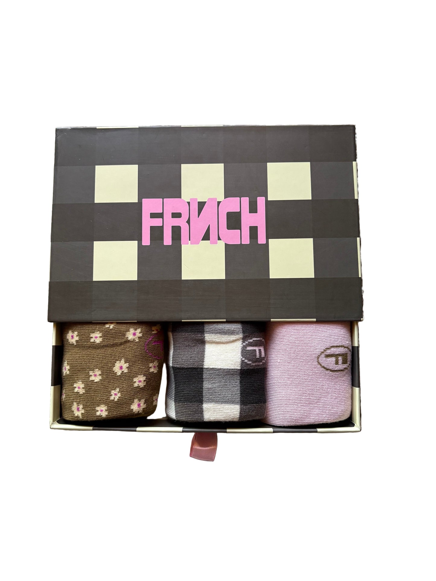 Box of socks with a checkered pattern on a textured surface