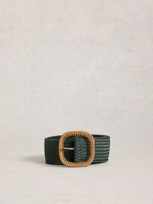 Green woven belt with a gold buckle on a light gray background