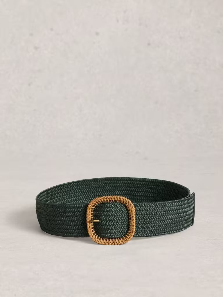 Green woven belt with a brown buckle on a light gray background