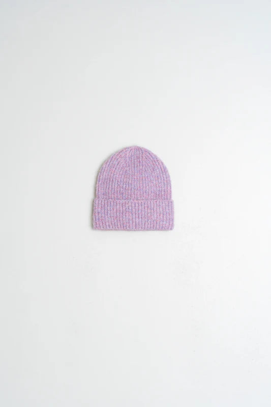 Purple knit beanie on a white background