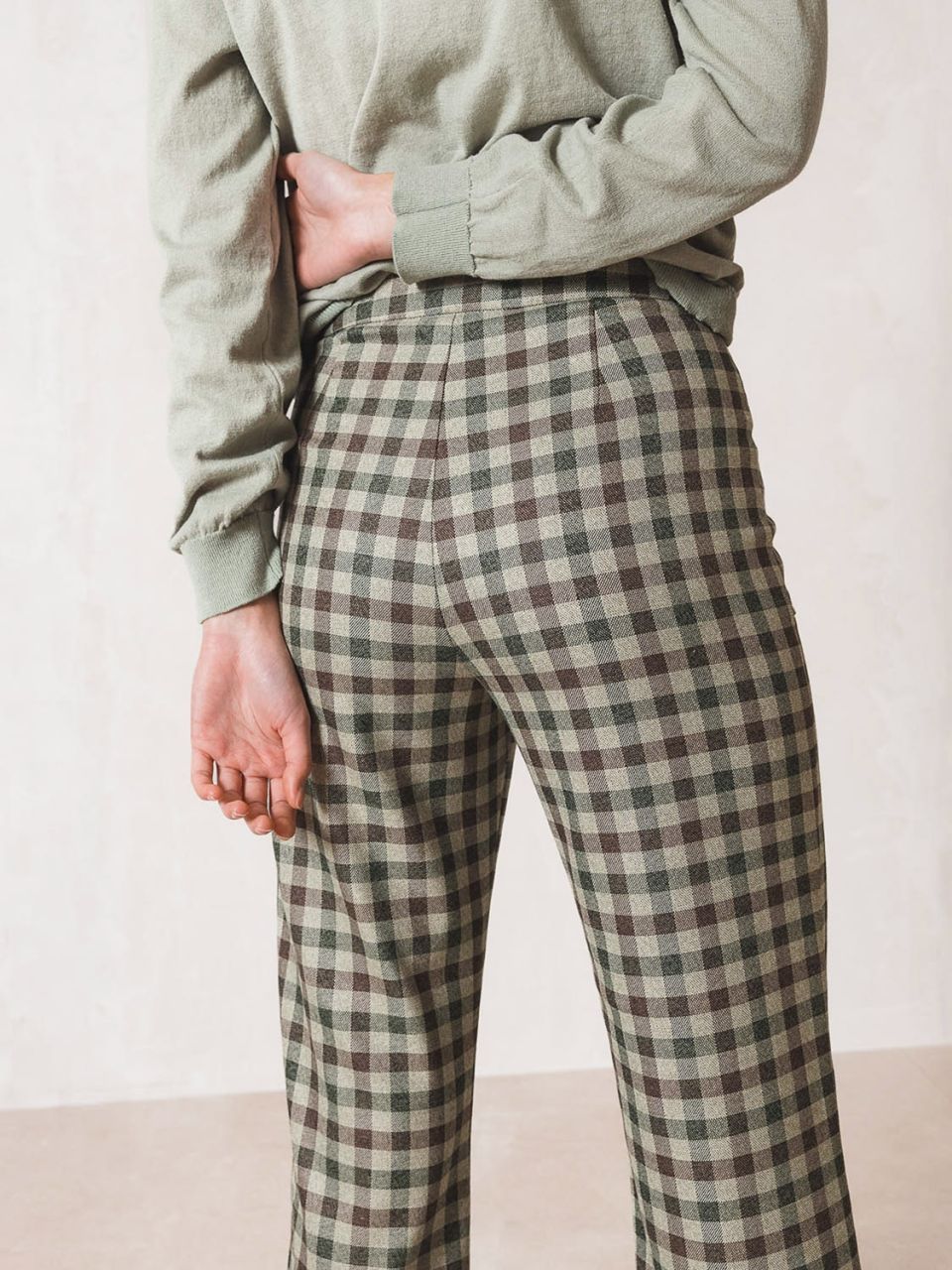 indi & cold moss green checkered Vichy Check pants for a side of chic - a fit to die for, plus a boxy silhouette and turned-up hem. Tailored waistband with stealthy zip & front patch pocket. lemon cyprus boutique