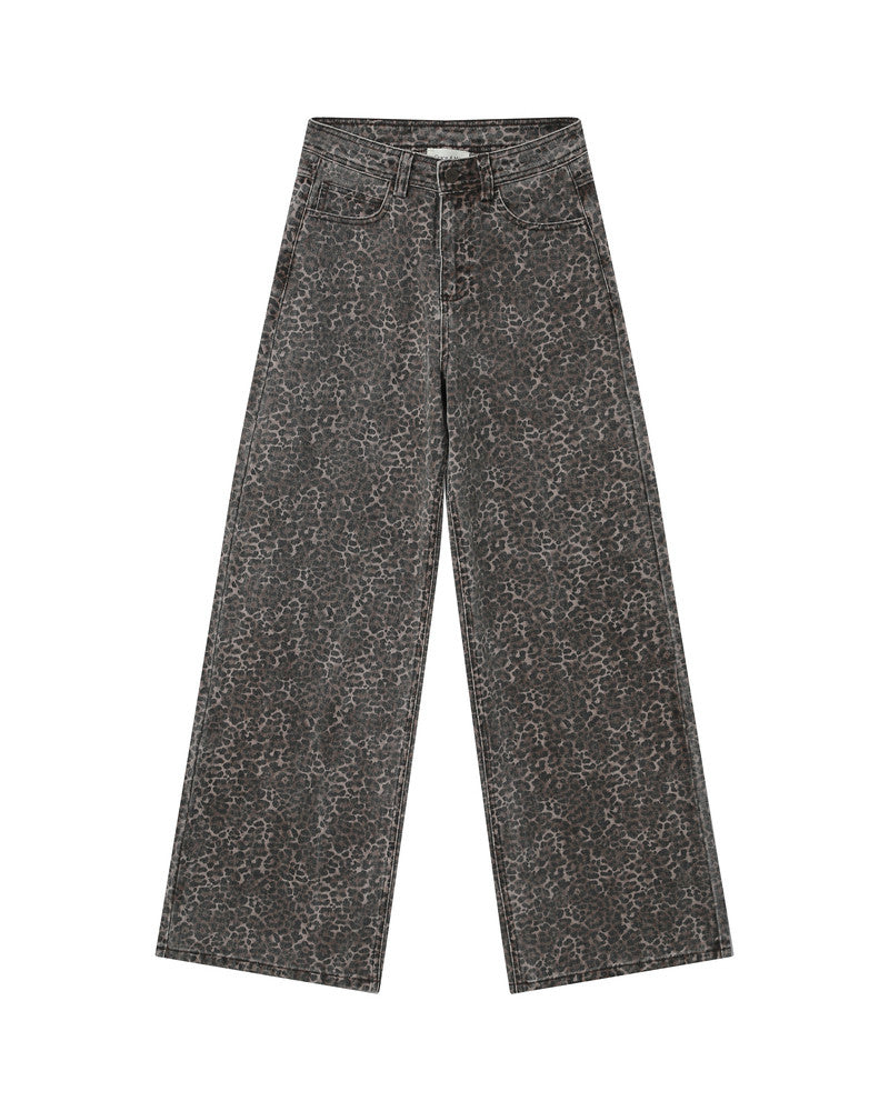 Leopard wide-leg jeans on a white background