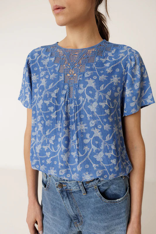 Woman wearing a blue floral blouse with lace details on a plain background