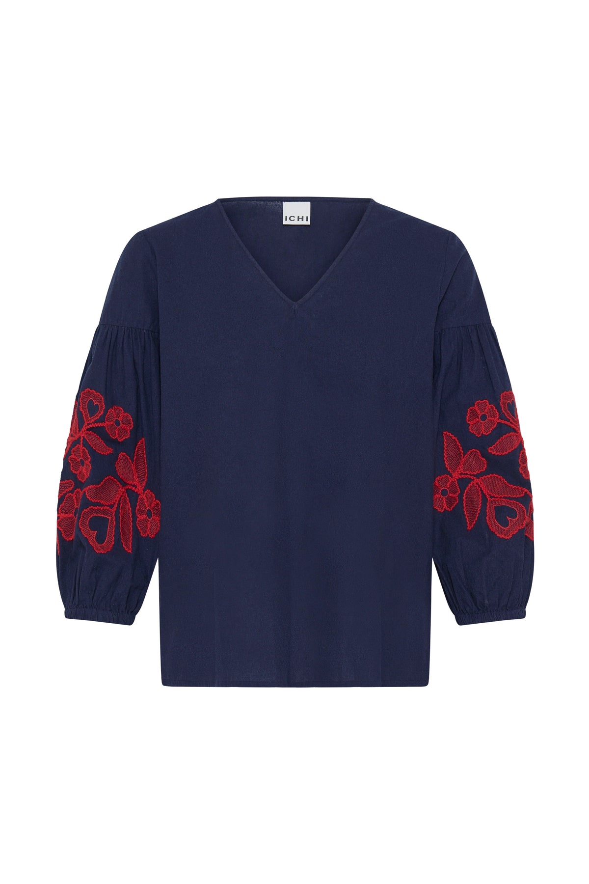 navy blouse with red floral embroidered sleeve by ICHI
