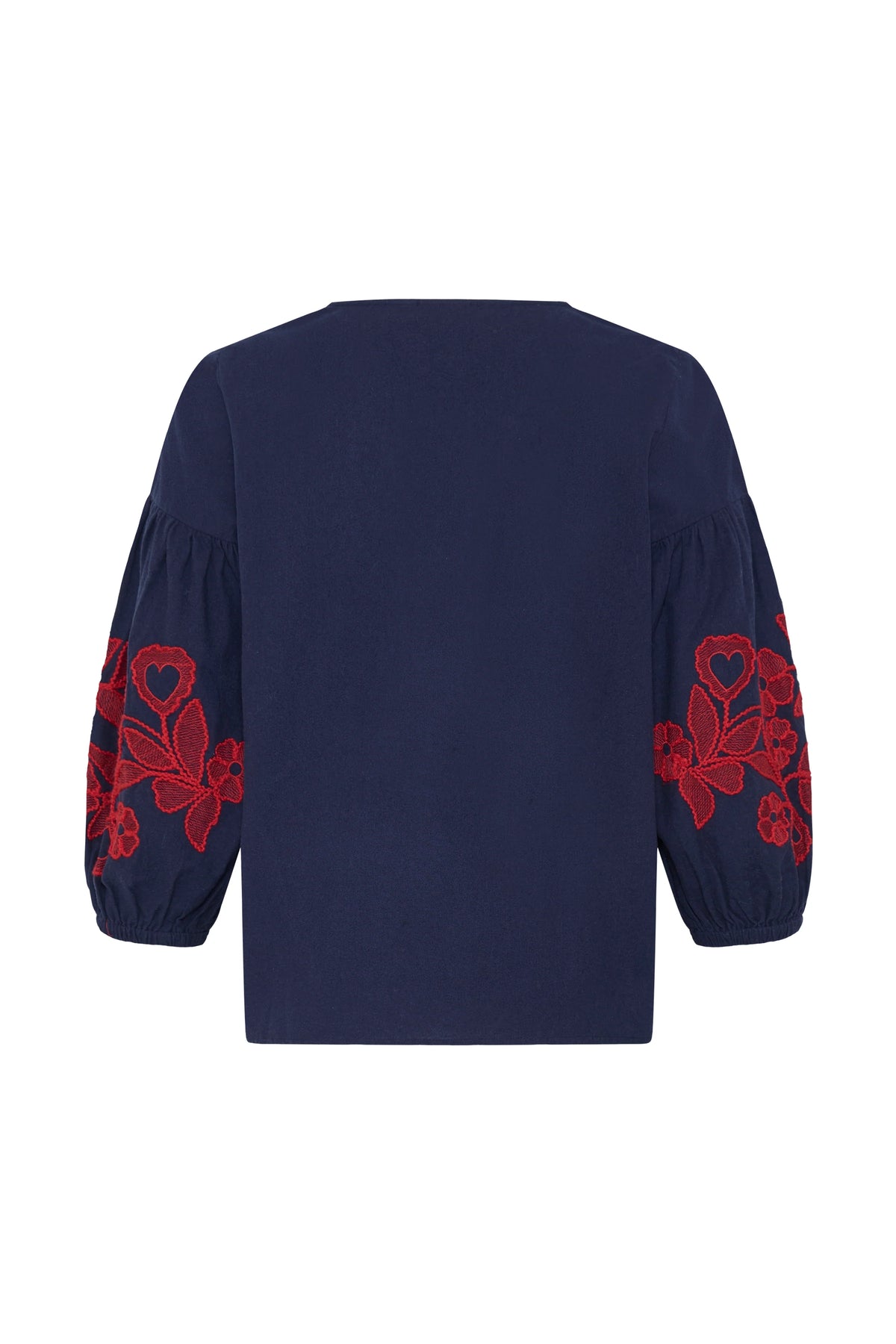 navy blouse with red floral embroidered sleeve by ICHI