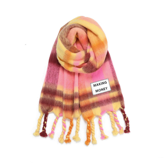 Plaid scarf with tassels and a 'Making Money' label on a white background
