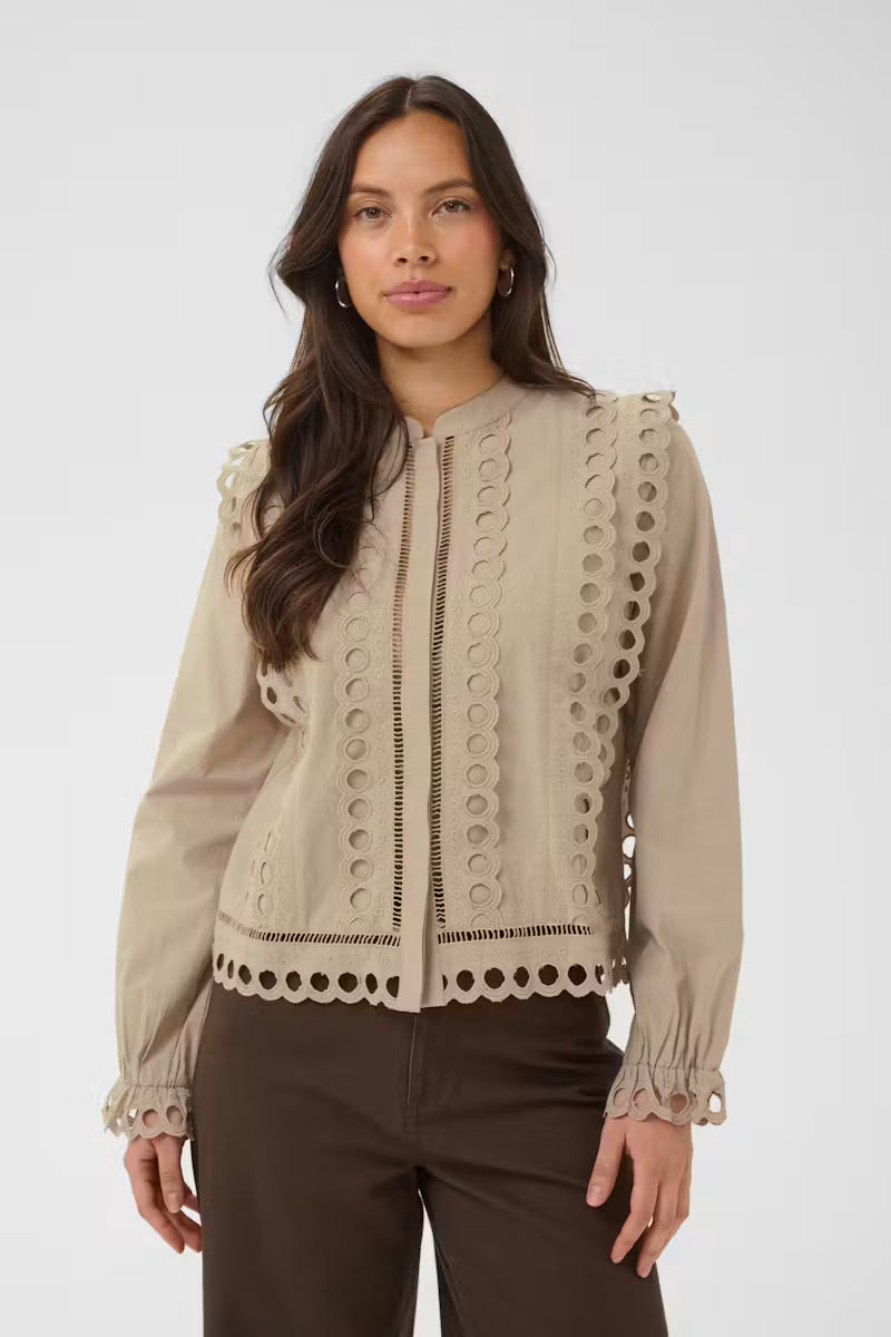 Beige blouse with circular eyelet lace trim by Saint Tropez, long sleeves and mandarin collar