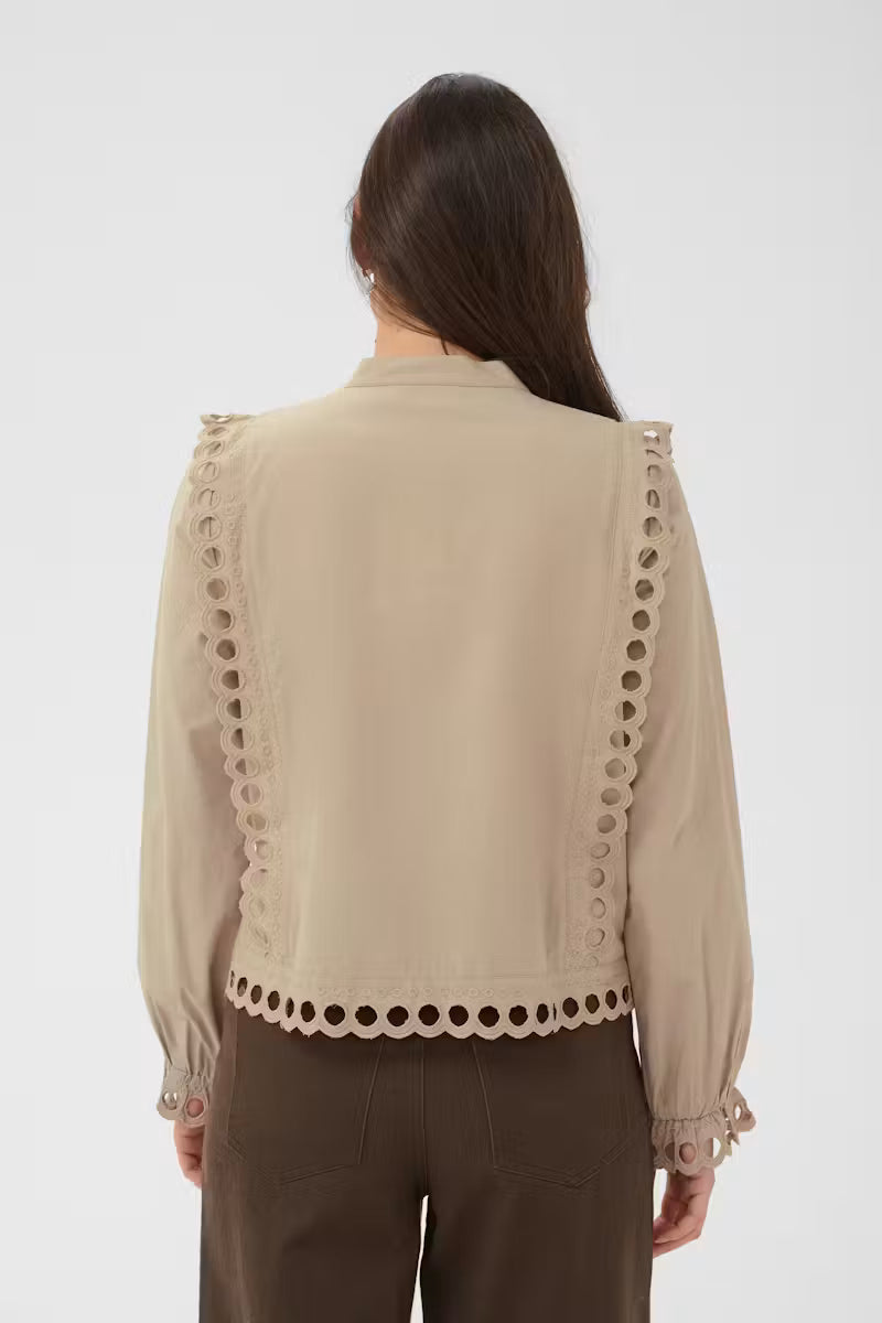Beige blouse with circular eyelet lace trim by Saint Tropez, long sleeves and mandarin collar