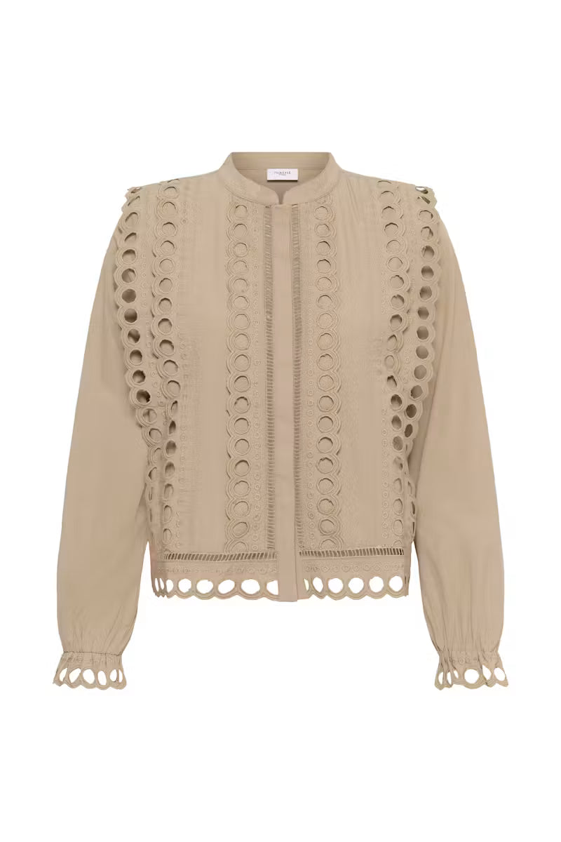 Beige blouse with circular eyelet lace trim by Saint Tropez, long sleeves and mandarin collar