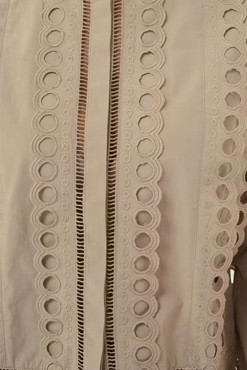 Beige blouse with circular eyelet lace trim by Saint Tropez, long sleeves and mandarin collar