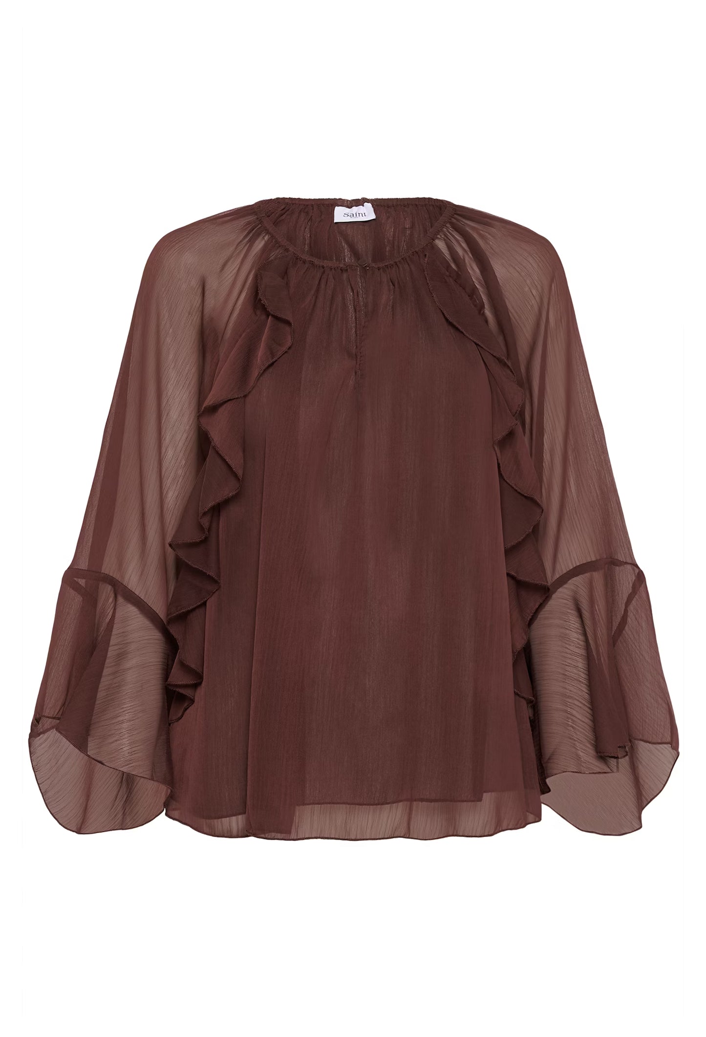 Brown blouse with ruffled sleeves on a white background