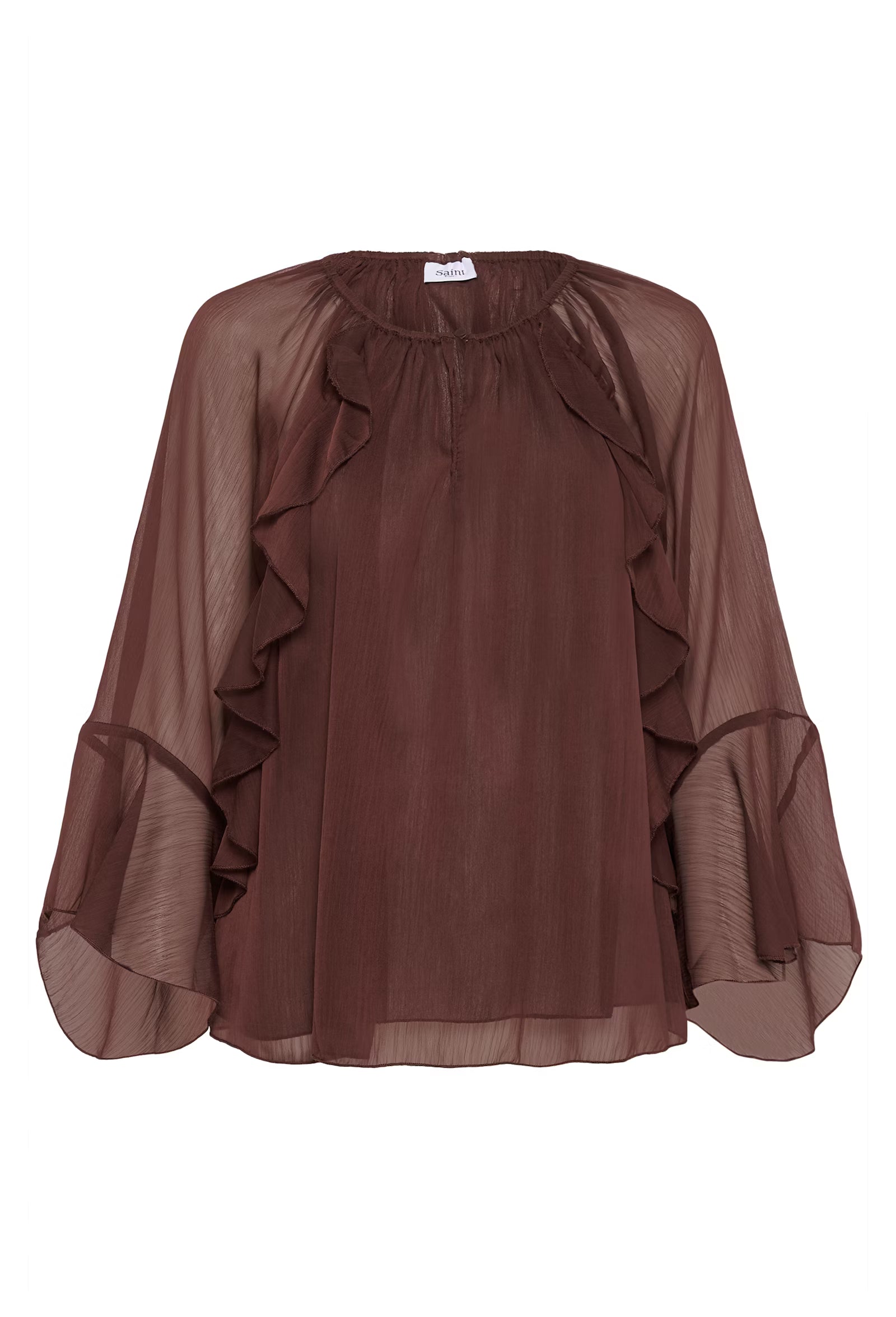 Brown blouse with ruffled sleeves on a white background