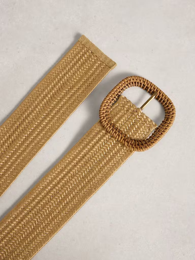 Woven belt with a matching buckle on a light gray background