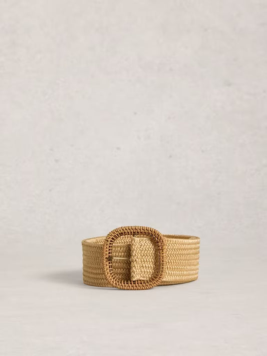 Beige woven belt with a large buckle on a light gray background