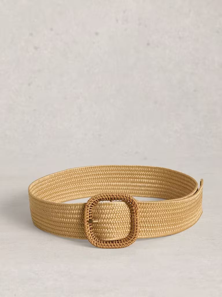 Beige woven belt with a large buckle on a light gray background
