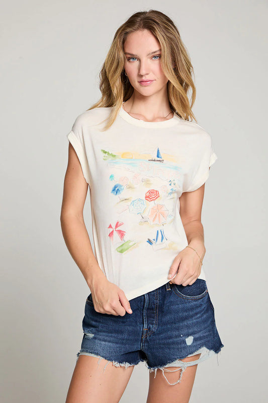 Unleash your inner artist with Chaser Brand's Painterly St Tropez Tee. The gentle watercolour pattern evokes the beaches of southern France, and the antique white fabric adds a touch of sophistication