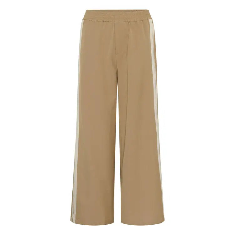 Beige pants with a white stripe on a white background