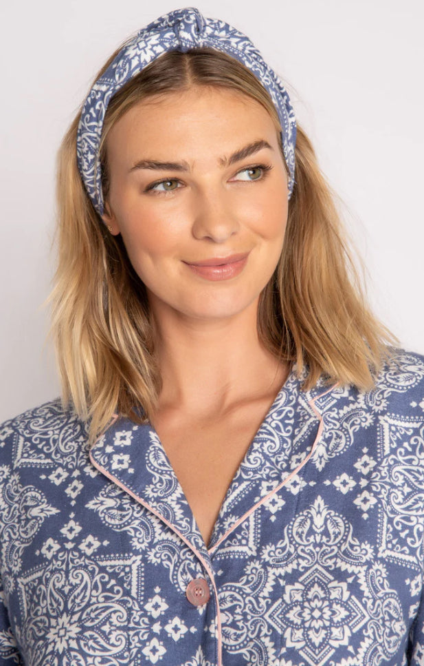 Denim Bandana flannel pajama set by PJ Salvage - comfy & roomy, in your favourite bandana print in the pure cotton, super soft flannel we're known for in a beautiful denim blue with light pink trim. Cuff is embroidered with "Country Rose". lemon cyprus boutique