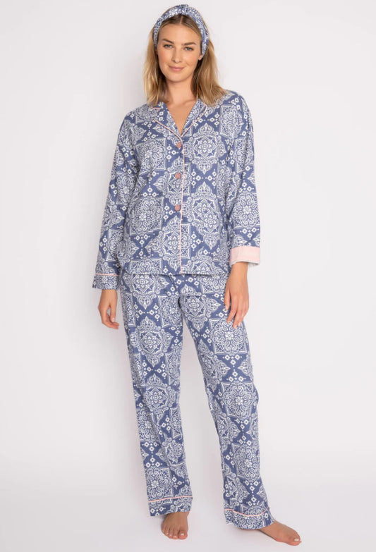 Denim Bandana flannel pajama set by PJ Salvage - comfy & roomy, in your favourite bandana print in the pure cotton, super soft flannel we're known for in a beautiful denim blue with light pink trim. Cuff is embroidered with "Country Rose". lemon cyprus boutique