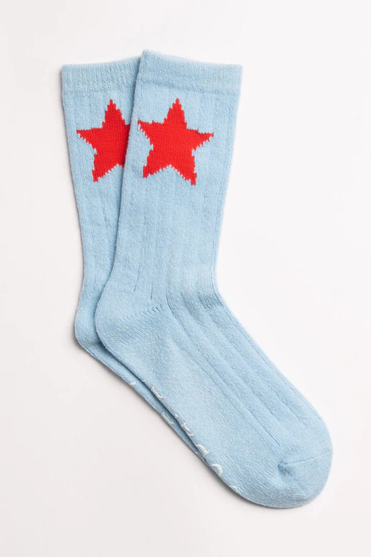 pj salvage soft blue socks. Soft rib socks with red stars at the top and "Country Girl" lettering, printed as non-slip grippers. lemon cyprus boutique