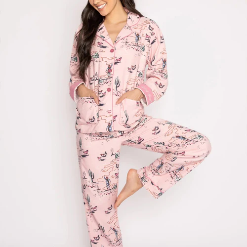 The Pink Mist Flannel set by PJ Salvage is the perfect pick for horse-lovers and western gals with a country horse inspired print. Designed in the pure cotton, super soft flannel we're known for, in a comfy fit pajama pant and shirt set with a cute headband to match. Perfect for gifting! lemon cyprus boutique