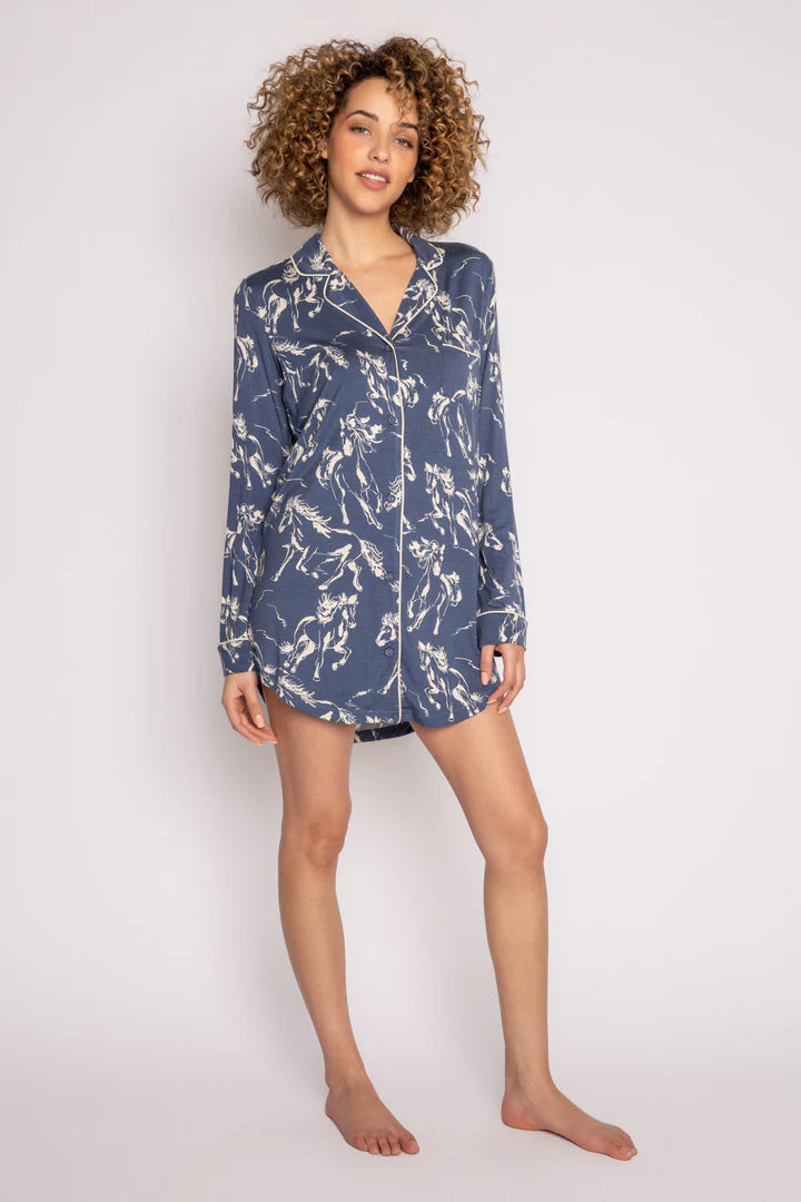 pj salvage running wild horse nightshirt in denim blue with white horse print. Smooth luxe modal nightshirt with classic button front.  lemon cyprus boutique