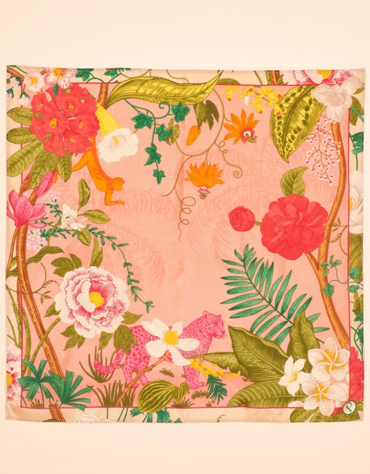 The 100% Silk Tropical Floral and Fauna Scarf from Powder UK combines Art Nouveau inspiration with modern high-end design. Its petal colour and intricate design are both decorative and feminine, making a statement of effortless elegance. This versatile scarf can be styled in multiple ways, from pairing with jumpsuits to adding a touch of chic to your favourite jeans and top combo. Experiment with wearing it as a head wrap or bandeau top for a fun twi