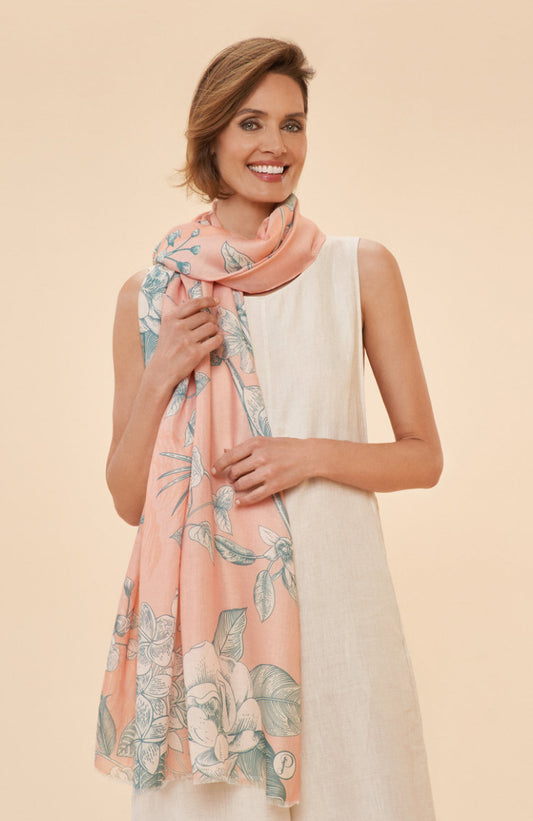 Discover the latest addition to Powder UK's collection, the Printed Floral Jungle Scarf in petal. Adorned with charmingly feminine florals and beloved jungle animals, this scarf exudes a luxurious and ethereal aesthetic. Ideal for the sophisticated and stylish individual, pair it with jeans and a top or a dress for a graceful and effortless ensemble.