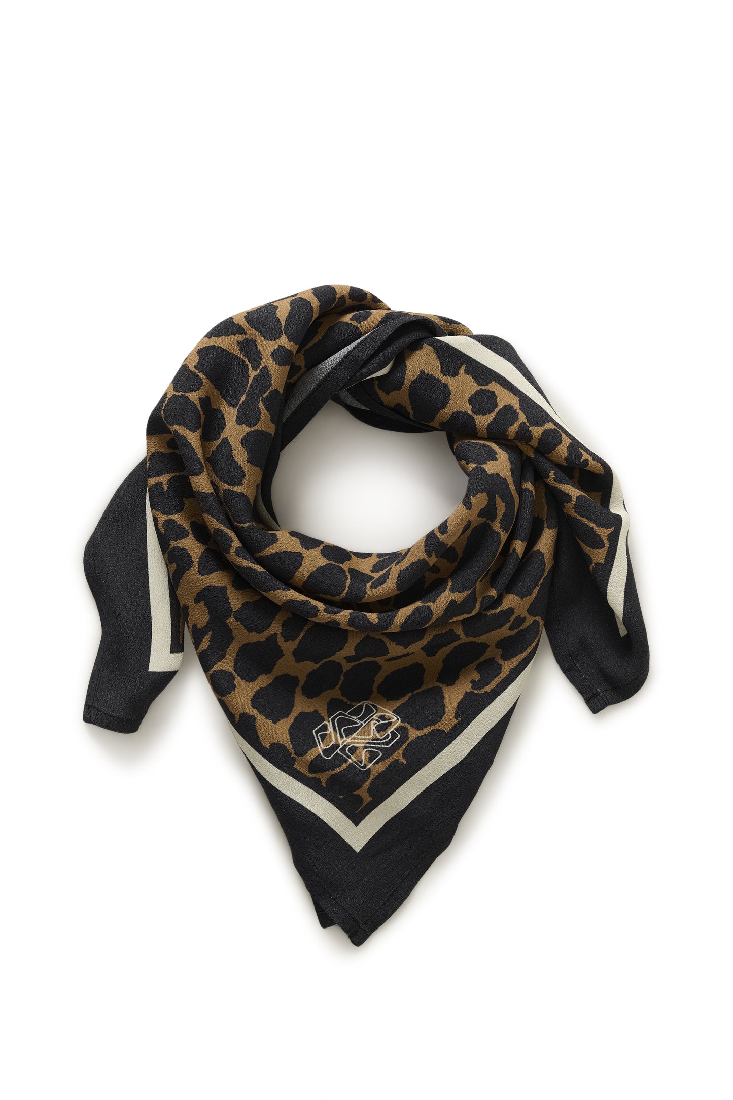 Leopard print scarf with a brand logo on a white background