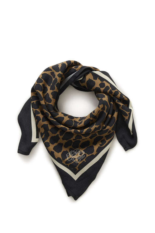 Leopard print scarf with a brand logo on a white background