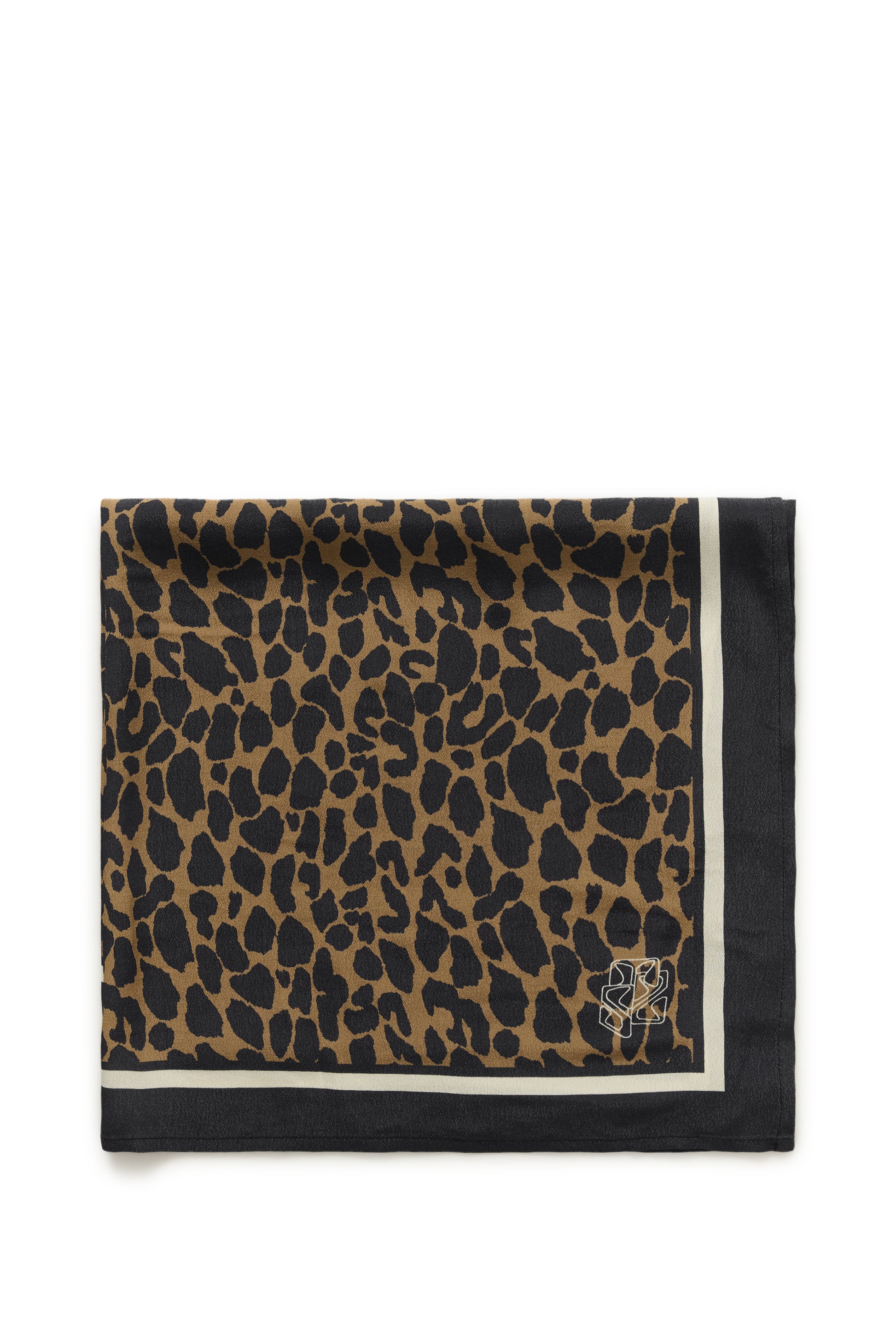 Leopard print fabric square with black border on a white background