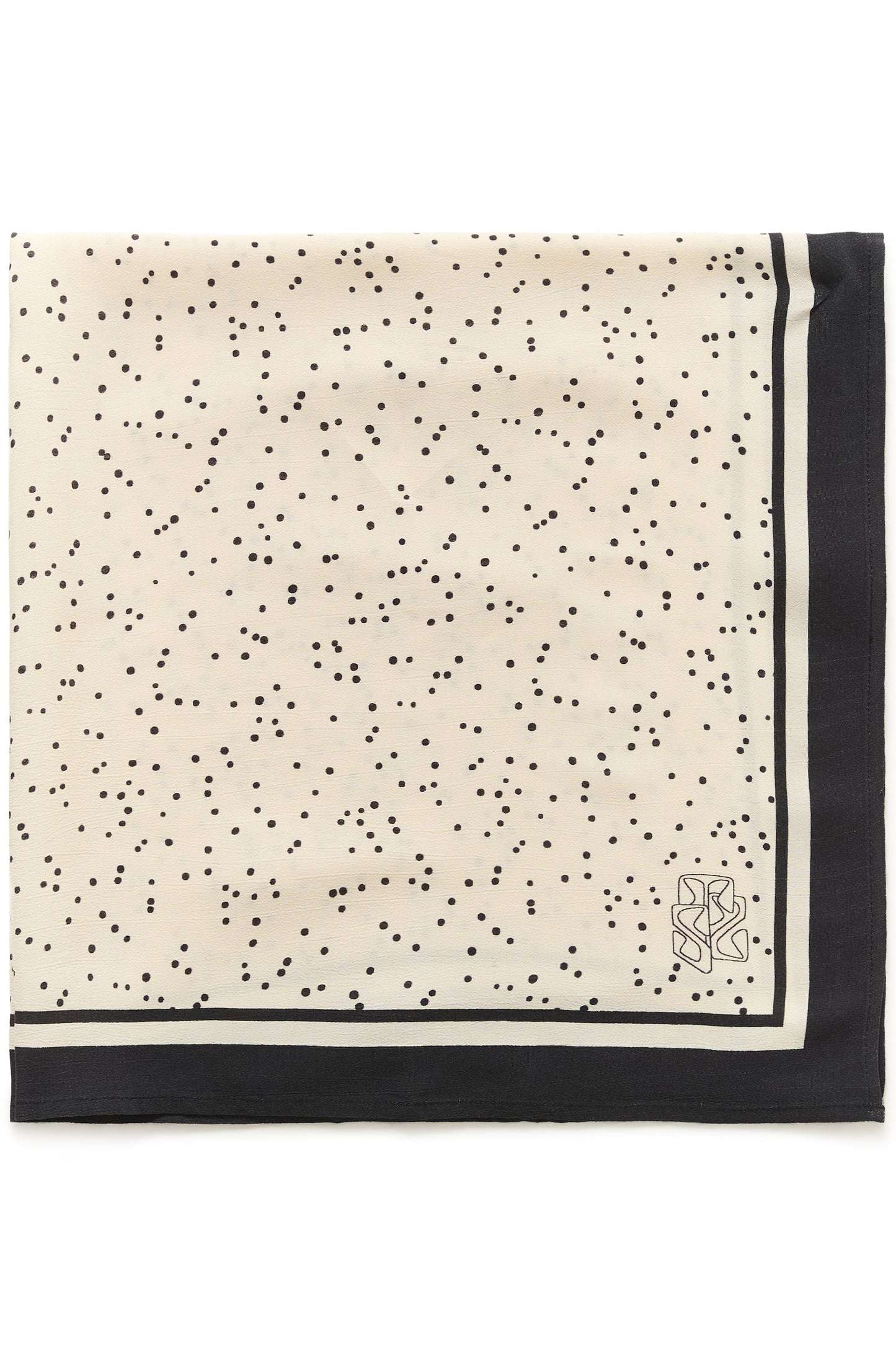 Beige scarf with black dot pattern and border on a white background