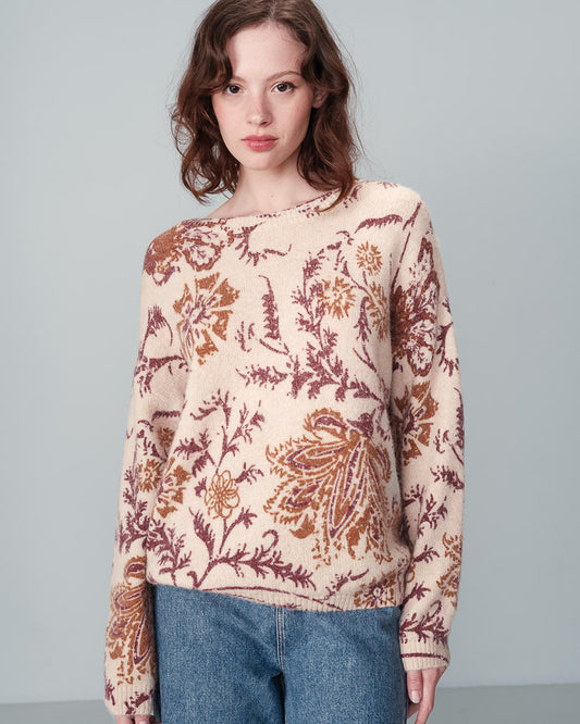 The classic fit the&nbsp;NALA long-sleeve sweater&nbsp;is contrasted by the exclusive Grace &amp; Mila floral print with a beige background and a burgundy and ochre print.  lemon cyprus boutique