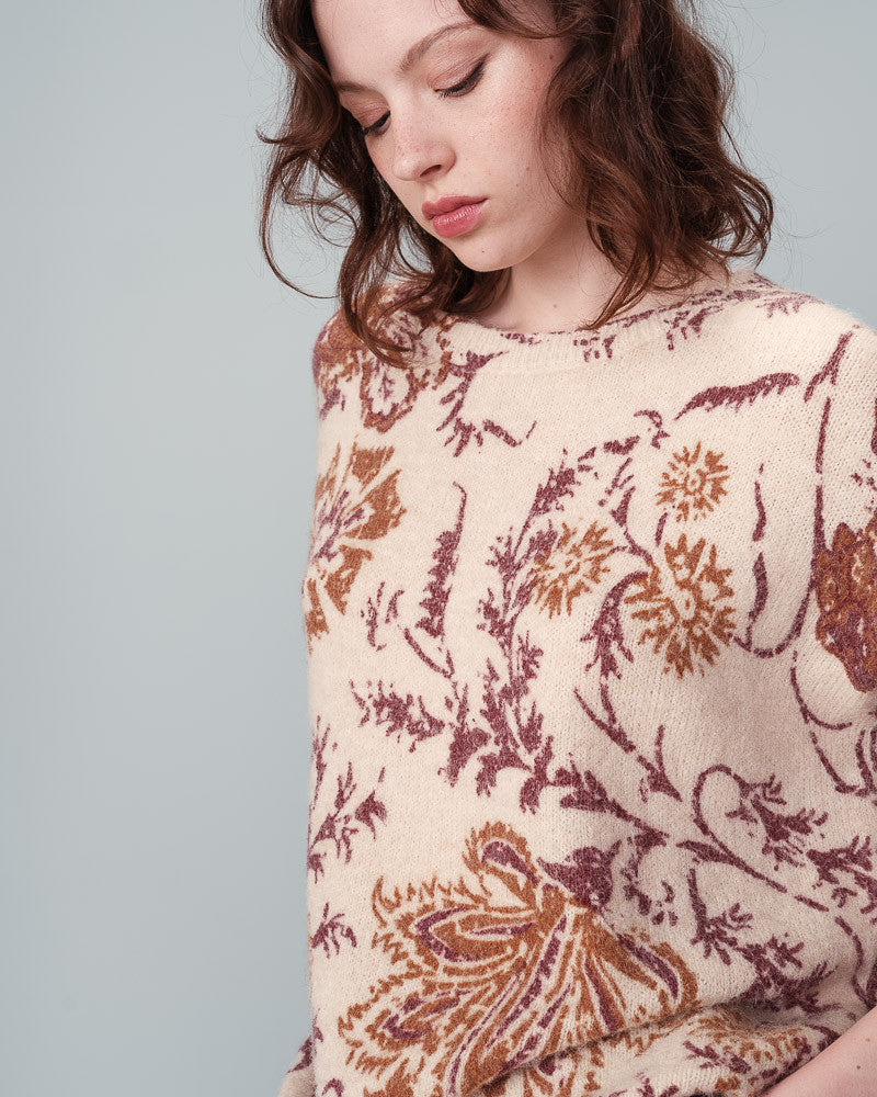 The classic fit the&nbsp;NALA long-sleeve sweater&nbsp;is contrasted by the exclusive Grace &amp; Mila floral print with a beige background and a burgundy and ochre print.  lemon cyprus boutique